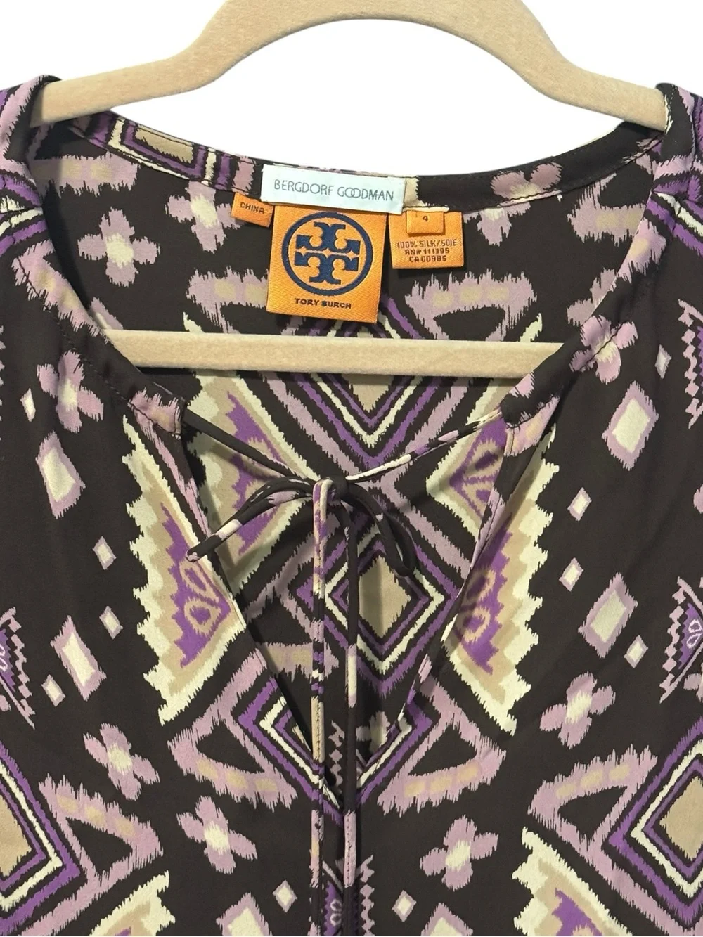TORY BURCH Geo Print Peasant Blouse 4 18.5” P2P Brown/Purple NWOT